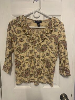 Chaps Cream Paisley Ruffle-Neck Blouse with Red & Blue Accents